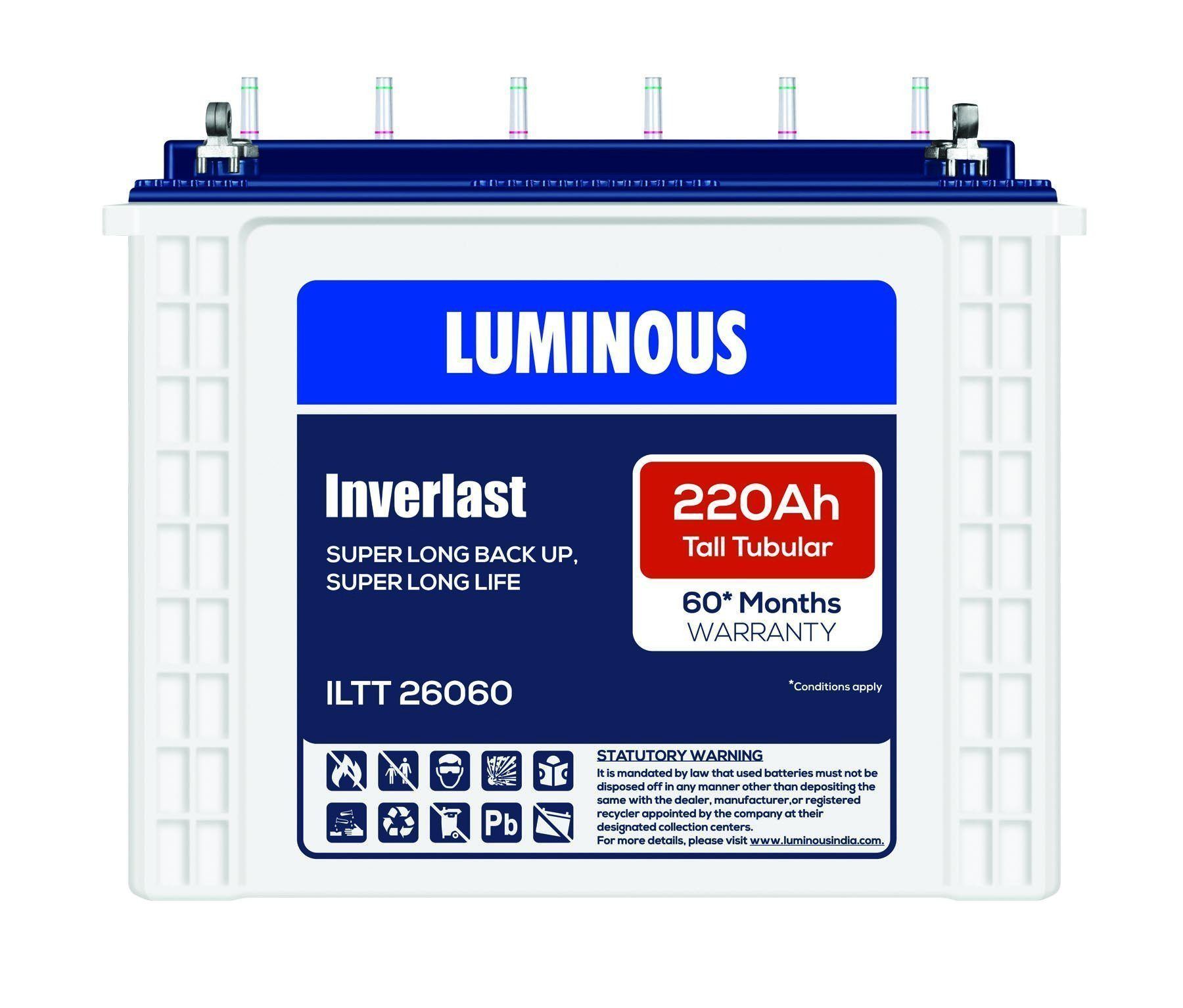 Luminous Inverlast 220Ah tall tubular inverter available at Shree Battery shop near me in Greater Noida